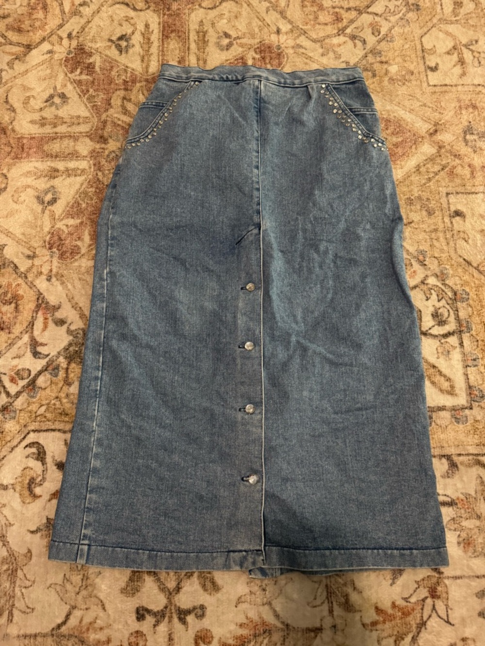 Vintage Opal Denim Midi Skirt with Rhinestone Embellishments